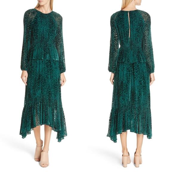 A.L.C. Kamari Leopard Burnout Velvet Ruffle Silk Blend Midi Dress Green Size 0 - Picture 2 of 8